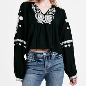 Dear John NWT Black Embroidered Blouse with Balloon Sleeves Size Small